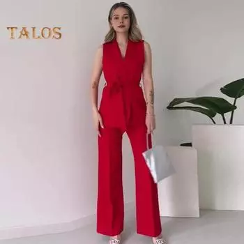 2 шт./компл. Женское пальто и брюки, комплект с V-образным вырезом на шнуровке, тонкая талия, кардиган средней длины, куртка без рукавов, широкие брюки с высокой талией, прямые брюки, женские формальные брюки M чёрный