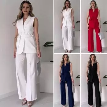 2 шт./компл. Женское пальто и брюки, комплект с V-образным вырезом на шнуровке, тонкая талия, кардиган средней длины, куртка без рукавов, широкие брюки с высокой талией, прямые брюки, женские формальные брюки M чёрный