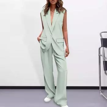 2 шт./компл. женское пальто и брюки комплект с лацканами на одной пуговице средней длины кардиган куртка без рукавов с широкими штанинами и высокой талией M абрикосовый