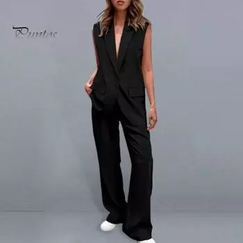 2 шт./компл. женское пальто и брюки, комплект с лацканами на одной пуговице, кардиган средней длины, куртка без рукавов, широкие брюки с высокой талией, прямые брюки, женские формальные брюки для поездок на работу L чёрный