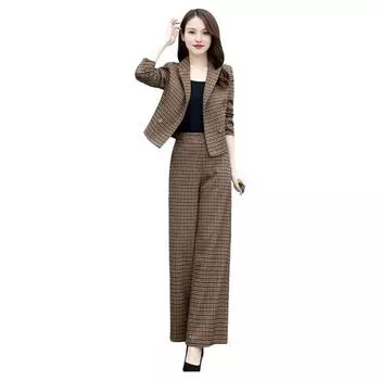2 шт./компл., женское пальто, комплект брюк, кардиган с пуговицами в клетку, куртка с длинными рукавами и широкой высокой талией, прямые брюки для женщин M кофейный
