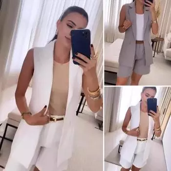 2 шт./компл., женское пальто, комплект с шортами, OL, формальный стиль, жилет без рукавов с отложным воротником, высокая талия, однотонные брюки, комплект, женский деловой наряд S белый