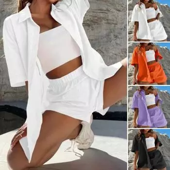 2 шт./компл., женское пальто, комплект с шортами, однотонный молодежный стиль, с открытой строчкой, эластичная резинка на талии, удобная рубашка, шорты, костюм, повседневная одежда M чёрный