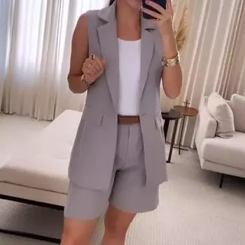 2 шт./компл., женское пальто, комплект с шортами, OL, формальный стиль, жилет без рукавов с отложным воротником, высокая талия, однотонные брюки, комплект, женский деловой наряд XXXL серый