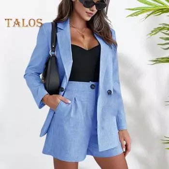 2 шт./компл., женское пальто, комплект с шортами, OL, формальный стиль, отложной воротник, куртка с длинными рукавами, высокая талия, однотонные брюки, комплект, женский деловой наряд S бежевый