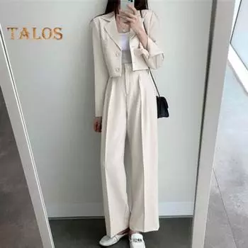 2 шт./компл., женское пальто, комплект брюк, однобортный кардиган с лацканами, куртка с длинными рукавами, широкие брюки с высокой талией, прямые брюки, женский формальный коммутирующий наряд 3XL чёрный