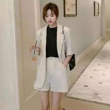 2 шт./компл., женское пальто, комплект с шортами, OL, формальный стиль, отложной воротник, куртка с короткими рукавами и высокой талией, одноцветные брюки, комплект, женский деловой наряд XL зелёный