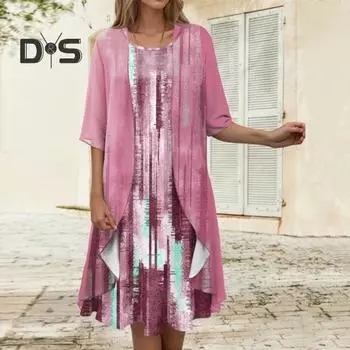2 шт./компл. женское пальто-платье комплект с принтом свободное пальто с половиной рукавов шифоновое платье без рукавов с нерегулярным подолом формальное мягкое платье миди длиной до колена комплект кардигана XL фиолетовый