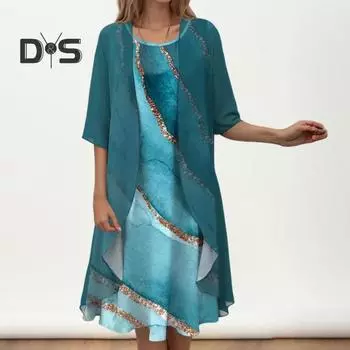 2 шт./компл. женское пальто-платье комплект с цветочным принтом свободное пальто с половиной рукавов шифоновое платье без рукавов с нерегулярным подолом официальное мягкое платье миди длиной до колена M чёрный