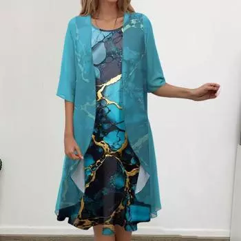 2 шт./компл. женское пальто-платье комплект с цветочным принтом свободное пальто с половиной рукавов шифоновое платье без рукавов с нерегулярным подолом L жёлтый