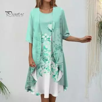 2 шт./компл. женское пальто-платье комплект с коротким рукавом средней длины неровный подол кардиган с круглым вырезом без рукавов с цветочным принтом длиной до колена платье комплект для поездок на каждый день L фиолетовый