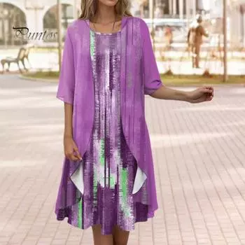 2 шт./компл. женское пальто-платье комплект с принтом свободное пальто с половиной рукавов шифоновое платье без рукавов с нерегулярным подолом формальное мягкое платье миди длиной до колена комплект кардигана XL фиолетовый
