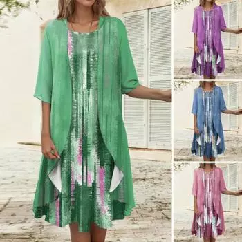 2 шт./компл. женское пальто-платье комплект с принтом свободное пальто с половиной рукавов шифоновое платье без рукавов с нерегулярным подолом формальное мягкое платье миди длиной до колена комплект кардигана XL синий