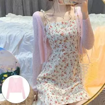 2 шт./компл. женское пальто-платье комплект с цветочным принтом без рукавов трапециевидной формы на шнуровке с узкой талией и ремешками трикотажное однотонное кардиган с длинными рукавами M розовый