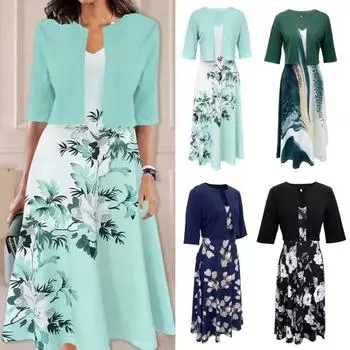 2 шт./компл. женское пальто-платье комплект с половиной рукавом сплошной цвет кардиган с цветочным принтом V-образным вырезом без рукавов платье трапециевидной формы формальный коммутирующий стиль женский комплект миди XL