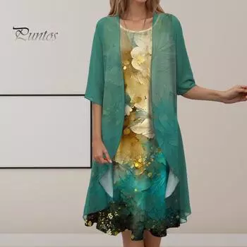 2 шт./компл. женское пальто-платье комплект с цветочным принтом свободное пальто с половиной рукавов шифоновое платье без рукавов с нерегулярным подолом официальное мягкое платье миди длиной до колена L жёлтый