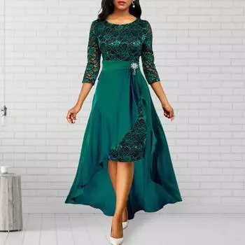 2 шт./компл., женское платье для выпускного вечера, комплект с юбкой, ажурное кружевное платье с рюшами и подолом, высокая талия, круглый вырез, рукав три четверти, длина до щиколотки, банкетное платье макси 2XL зелёный