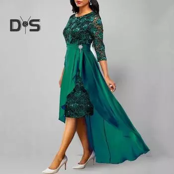 2 шт./компл., женское платье для выпускного вечера, комплект с юбкой, ажурное кружевное платье с рюшами и подолом, высокая талия, круглый вырез, рукав три четверти, длина до щиколотки, банкетное платье макси M зелёный