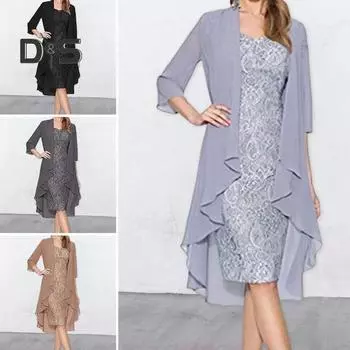 2 шт./компл. женское платье-кардиган, комплект, кружевное платье с цветочной вышивкой и круглым вырезом, облегающее платье миди, тонкое, с рукавами три четверти, официальное пальто средней длины M хаки
