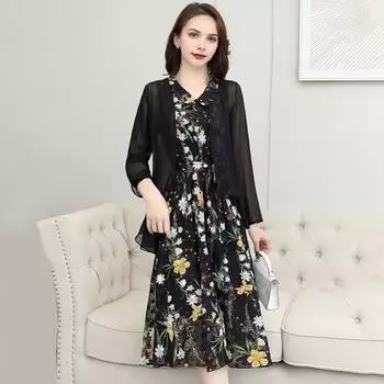 2 шт./компл. женское платье кардиган комплект с цветочным принтом кукольный воротник на шнуровке тонкая талия трапециевидное платье миди без рукавов прозрачное XL синий