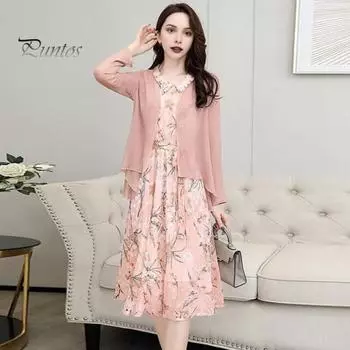 2 шт./компл. женское платье, комплект кардигана, цветочный принт, кукольный воротник, шнуровка, тонкая талия, трапециевидное платье-миди без рукавов, прозрачное тонкое нерегулярное шифоновое пальто XL синий