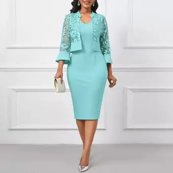 2 шт./компл., женское платье, костюм-пальто с V-образным вырезом, облегающее платье-футляр без рукавов длиной до колена, прозрачный кружевной кардиган с цветочной вышивкой и рукавами, комплект пальто L светло-зеленый