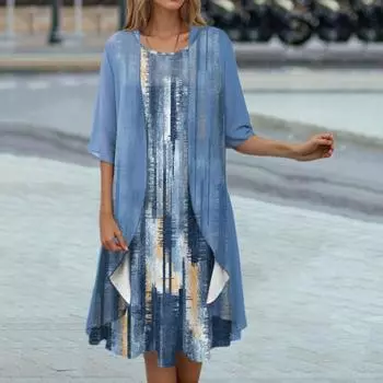 2 шт./компл., женское платье-пальто, комплект с принтом, свободное пальто с половиной рукавов, шифоновое платье без рукавов с нерегулярным подолом