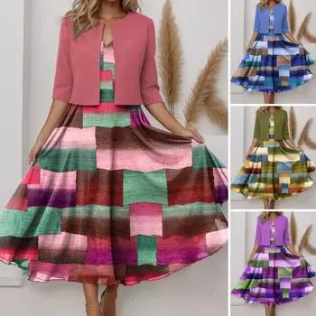 2 шт./компл. женское платье-пальто комплект кардиган с короткими рукавами и V-образным вырезом в клетку с цветными блоками и принтом без рукавов трапециевидное свободное платье для выпускного миди комплект M розовый
