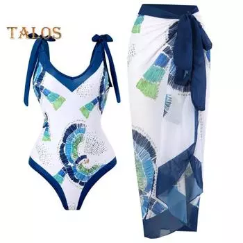 2 шт./компл., женское сексуальное монокини на бретелях с юбкой, комплект с цветочным принтом, цельное бикини на шнуровке, комплект пляжного купального костюма XL белый/синий