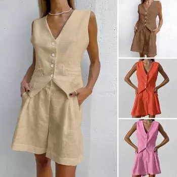 2 шт./компл. жилет и шорты, комплект с V-образным вырезом, без рукавов, однобортный однобортный кардиган, жилет с высокой талией, боковые карманы, свободные шорты, повседневная одежда для поездок на работу L оранжевый