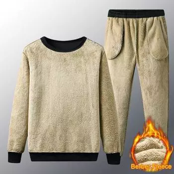 2 шт./компл., зимний мужской топ, брюки, костюм, однотонный, толстый, плюшевый, с круглым вырезом, с длинным рукавом, на шнурке, с эластичной резинкой на талии, свободный пижамный комплект с ремешком на щиколотке M чёрный