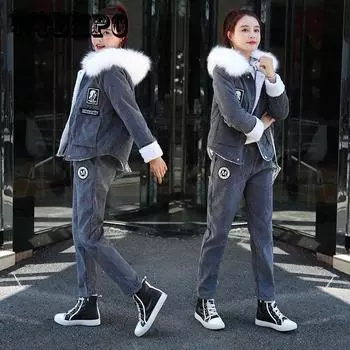 2 шт./компл., зимняя парка, женская парка с флисовой подкладкой и капюшоном, пальто + брюки, комплект из двух предметов, женская повседневная теплая куртка, верхняя одежда, наряды XXXXL розовый