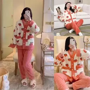 2 шт./компл., зимняя утолщенная теплая фланелевая пижама для беременных женщин с длинными рукавами персикового цвета, домашняя одежда, мягкая домашняя одежда для кормления free40-80kg