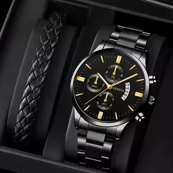 2 шт./комплект 1 шт. Модные мужские деловые кварцевые часы с календарем и круглым циферблатом из нержавеющей стали и 1 шт. мужской браслет, лучшие подарки для него