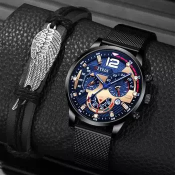 2 шт./комплект 1 шт. Модные мужские кварцевые часы, мужские спортивные наручные часы из нержавеющей стали с сетчатым ремешком и 1 шт. Браслет