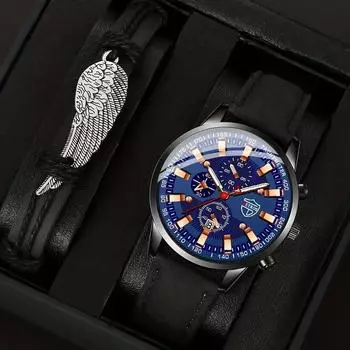 2 шт./комплект 1 шт. Модные мужские повседневные кварцевые часы аналоговые наручные часы из искусственной кожи и 1 шт. мужской браслет