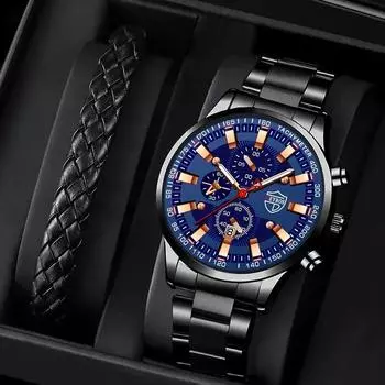 2 шт./комплект 1 шт. Модные повседневные мужские кварцевые наручные часы с календарем из нержавеющей стали и 1 шт. Мужской браслет, мужские подарки