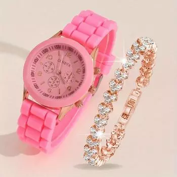 2 шт./комплект элегантные женские часы модные повседневные наручные часы с силиконовым ремешком и браслетом из стразов, подарок для нее
