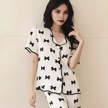 2 шт./комплект атласная пижама с принтом банта V-образный вырез на пуговицах рубашка большого размера с длинным рукавом эластичный пояс широкие брюки домашняя одежда повседневный наряд XL чёрный