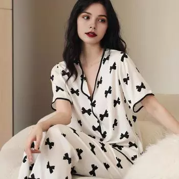 2 шт./комплект атласная пижама с принтом банта V-образный вырез на пуговицах рубашка больших размеров с длинным рукавом эластичный пояс широкие брюки домашняя одежда повседневный наряд весна XL чёрный
