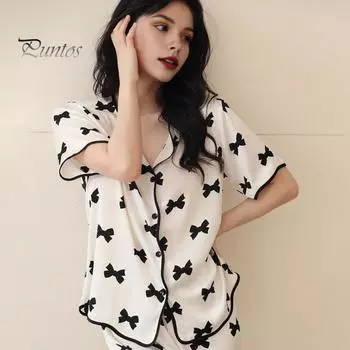 2 шт./комплект атласная пижама с принтом банта V-образный вырез на пуговицах рубашка больших размеров с длинным рукавом эластичный пояс широкие брюки домашняя одежда повседневный наряд весна M чёрный