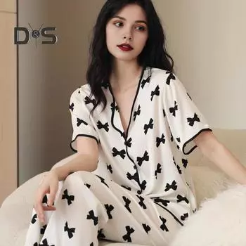 2 шт./комплект атласная пижама с принтом банта V-образный вырез на пуговицах рубашка больших размеров с длинным рукавом эластичный пояс широкие брюки домашняя одежда повседневный наряд весна M чёрный