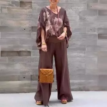 2 шт./комплект блузка брюки костюм V-образный вырез рукава летучая мышь мешковатый свободный цветочный принт M серый