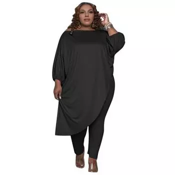 2 шт./комплект, большой размер, женская одежда, открытые плечи, косой подол, рукав три четверти, длинный топ, эластичные однотонные брюки, повседневная одежда L чёрный