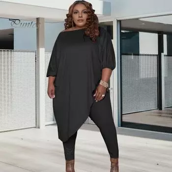 2 шт./комплект, большой размер, женская одежда, открытые плечи, косой подол, рукав три четверти, длинный топ, эластичные однотонные брюки, повседневная одежда L чёрный