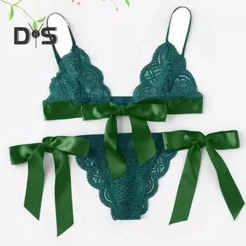2 шт./комплект бюстгальтер трусики комплект кружева Uo бант прозрачный кружевной V-образный вырез спагетти бретельки три точки порнографический женский нижнее белье костюм S