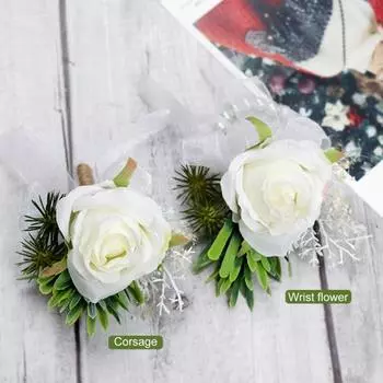 2 шт., комплект бутоньерки с розой на запястье, элегантные свадебные аксессуары для выпускного вечера, украшения белого костюма