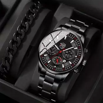 2 шт./комплект, деловые мужские кварцевые часы с календарем, модные мужские наручные часы из нержавеющей стали и 1 шт. повседневный мужской классический браслет, идеальный выбор для подарков