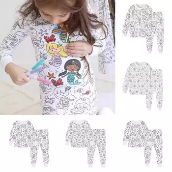 2 шт./комплект, детская раскрашиваемая пижама своими руками с бесцветными забавными персонажами, круглый вырез, длинные рукава, развивают творческие способности, индивидуальное самовыражение 3T белый