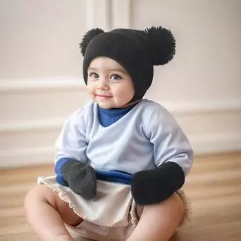 2 шт./комплект детская шапка и перчатки эластичный трикотажный плотный однотонный цвет чёрный